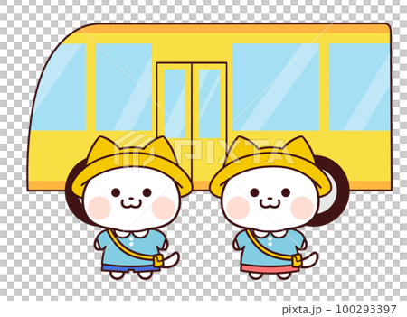 White cat and kindergarten bus in light blue kindergarten clothes White cat and kindergarten bus in light blue kindergarten clothes 100293397
