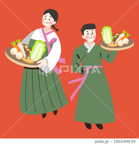 Korean people female and male chef holding food ingredients with hanbok. Korean people female and male chef holding food ingredients with hanbok. 100294639
