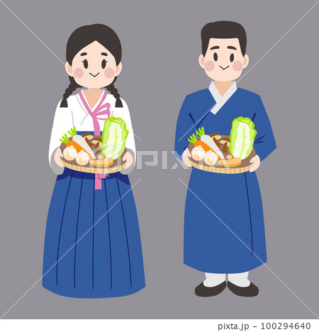 Cute Korean people female and male chef holding food ingredients with hanbok. Cute Korean people female and male chef holding food ingredients with hanbok. 100294640