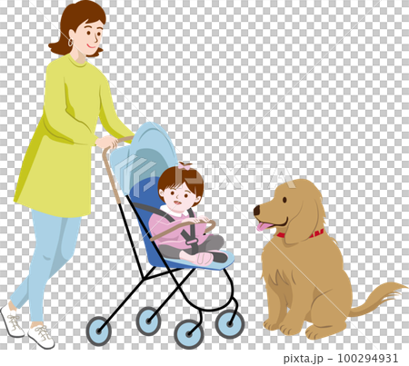 媽媽和金毛推著嬰兒（女孩）嬰兒車 100294931