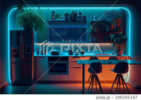 Modern kitchen with colored led lights. Smart house interior. Modern kitchen with colored led lights. Smart house interior. 100295167
