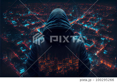 Faceless hacker at work with hacker detected inscription 100295266