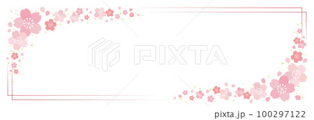 桜の花と細ラインの四角フレーム 背景 バナー/横長・赤 桜の花と細ラインの四角フレーム 背景 バナー/横長・赤 100297122