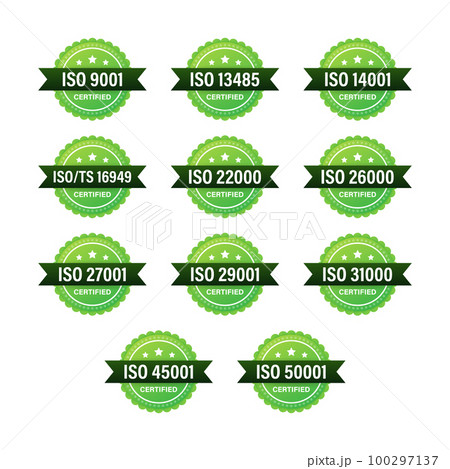 Set of ISO Certification stamp and labels. ISO Certified badge. Information security management 100297137