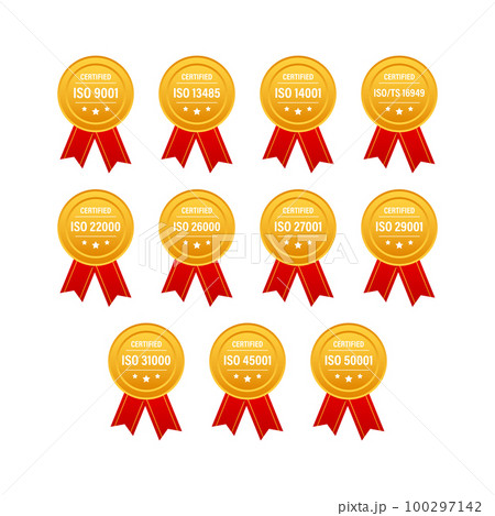 Set of ISO Certification stamp and labels. ISO Certified badge. Information security management 100297142