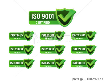 Set of ISO Certification stamp and labels. ISO Certified badge. Information security management 100297144