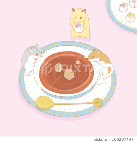 お茶の入ったテーカップに角砂糖を入れるハムスター達 100297447