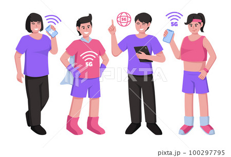 Cartoon characters using mobile wireless technology for faster connectivity with smartphones and tablet vector illustration. 5G wireless network technology concept 100297795