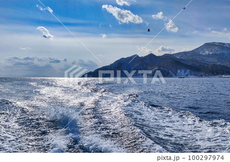 冬の海、航跡と岬、海鳥 冬の海、航跡と岬、海鳥 100297974
