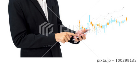 Hand of Businessman or trader showing a growing virtual hologram stock on smartphone, planning and strategy. Stock market, Business growth, progress or success concept. 100299135