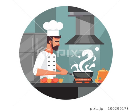 chef cooking, Chef preparing meal in the kitchen, chef at work, vector illustration chef cooking, Chef preparing meal in the kitchen, chef at work, vector illustration 100299173