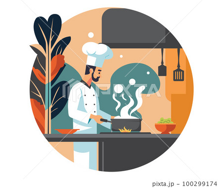 chef cooking, Chef preparing meal in the kitchen, chef at work, vector illustration chef cooking, Chef preparing meal in the kitchen, chef at work, vector illustration 100299174