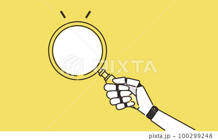 虫眼鏡を持つ人工知能、AIによる調査のイメージイラスト、ベクター 100299248