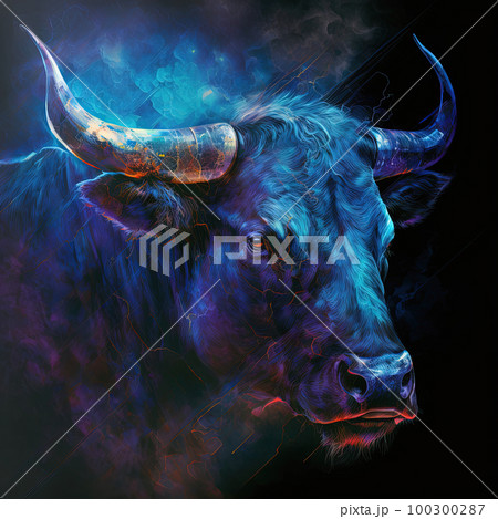 Bull head on black background. Market, crypto currency or stocks trading, financial and business concept. AI 100300287