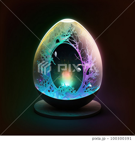 Neon Futuristic Easter egg on podium, dark background. Glowing magical fairytale egg, dark background 100300391