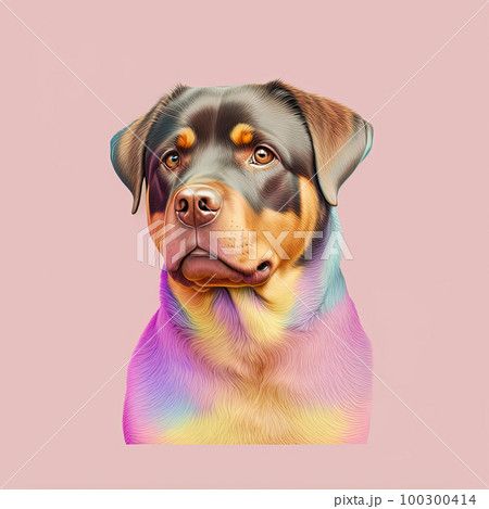 Rottweiler dog portrait, pink and yellow colors, copy space. Pop art modern style. Generative AI 100300414