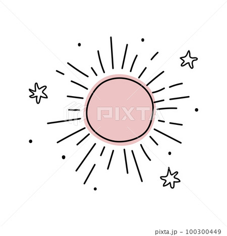 Sun with rays icon, line doodle pattern, simple boho tattoo with stars, logo, emblem. Vector illustration isolated on white background. 100300449