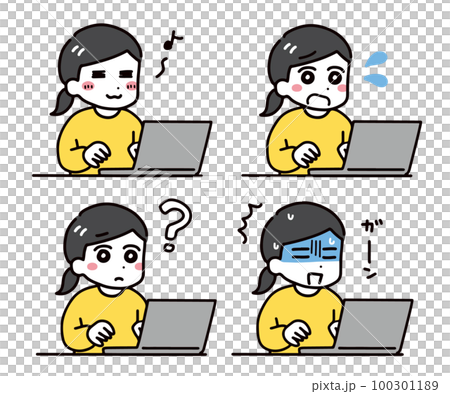 A woman in plain clothes who makes various expressions in front of a computer 100301189