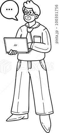 Male businessman standing with laptop presentation illustration in doodle style 100301756