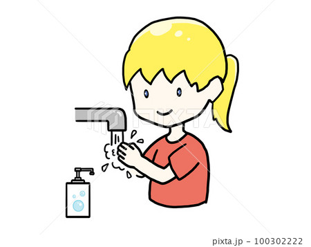 水道で手を洗う白人女性のイラスト 水道で手を洗う白人女性のイラスト 100302222