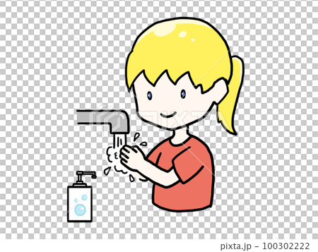 水道で手を洗う白人女性のイラスト 水道で手を洗う白人女性のイラスト 100302222