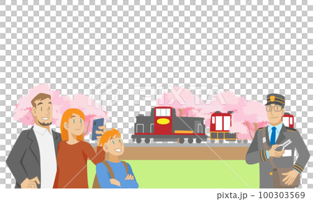 Foreign family on a trolley train that runs along the cherry blossom trees 100303569