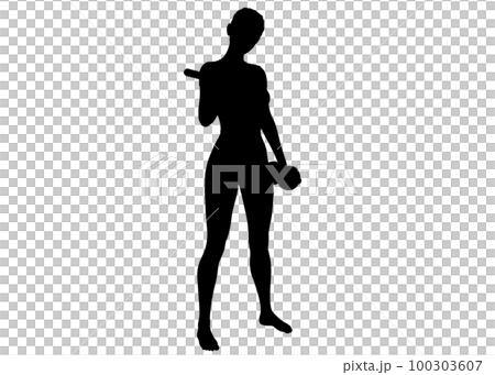 一個女人用啞鈴做上臂訓練的斜側身輪廓 一個女人用啞鈴做上臂訓練的斜側身輪廓 100303607
