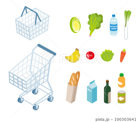 ショッピングカートと買い物カゴ　食料品のセット 100303641
