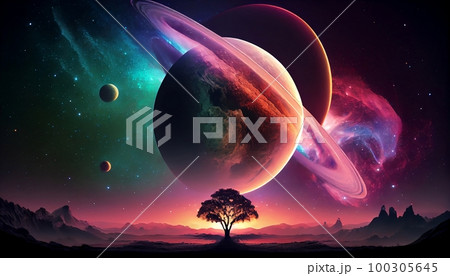 A planet with a ring system in the foreground, with a colorful galaxy in the background., Generative AI, illustration 100305645