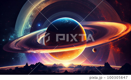 A planet with a ring system in the foreground, with a colorful galaxy in the background., Generative AI, illustration 100305647