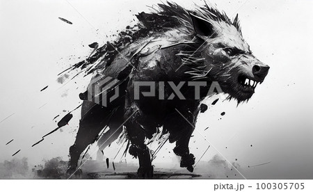 a painting drawing of aggressive boar by watercolor dark style, Generative AI, illustration 100305705