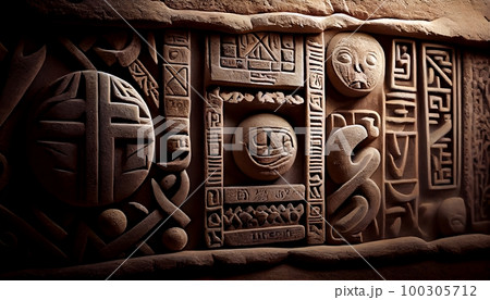 A sandstone texture with carved symbols and hieroglyphs, creating a mysterious and ancient feel, Genetive AI, Illustration A sandstone texture with carved symbols and hieroglyphs, creating a mysterious and ancient feel, Genetive AI, Illustration 100305712