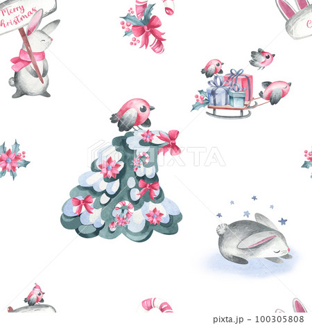 Christmas watercolor seamless pattern, gift, lantern, lollipop, sock, branch, ball. Festive pattern on white background, for fabric, packaging, digital paper, poster. Christmas watercolor seamless pattern, gift, lantern, lollipop, sock, branch, ball. Festive pattern on white background, for fabric, packaging, digital paper, poster. 100305808