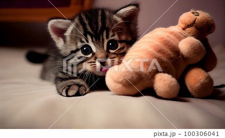 A playful tabby kitten peeking out from behind a toy., Generative AI, illustration 100306041