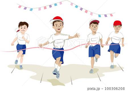 運動会・徒競走のゴールテープを切っているイラスト（pantoncolor不使用） 100306208