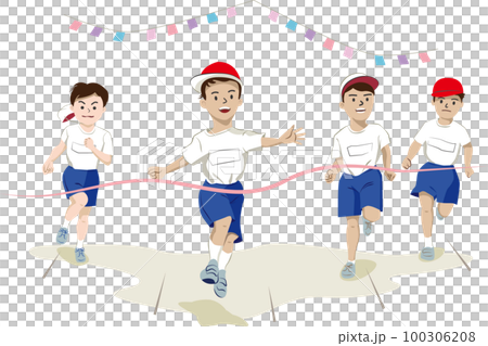 運動会・徒競走のゴールテープを切っているイラスト（pantoncolor不使用） 100306208
