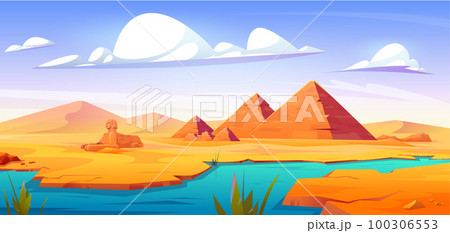 Egyptian desert with ancient pyramids and sphinx Egyptian desert with ancient pyramids and sphinx 100306553