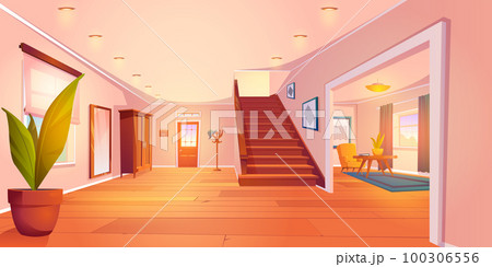 Cartoon house hallway and living room interior 100306556