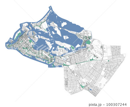 Abu Dhabi map, administrative territory of the city. UAE capital detailed city plan. Roads, parks, islands and coastline. 100307244