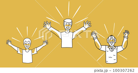 Happy male set. Young, adult and old men with emotion of happiness, smiling, open arms, joyful sun rays. Orange and white colors, line art drawing. 100307262