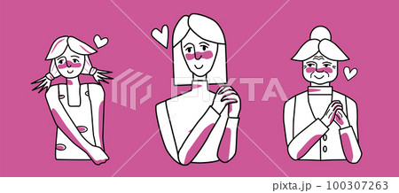 Female in love set. Collection of beloved young, adult and old women with passion, smiling. Pink and white, line art drawing. Female in love set. Collection of beloved young, adult and old women with passion, smiling. Pink and white, line art drawing. 100307263