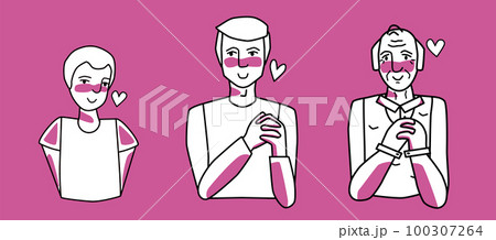 Male in love set. Collection of beloved young, adult and old men with passion, smiling. Pink and white colors, line art drawing. 100307264