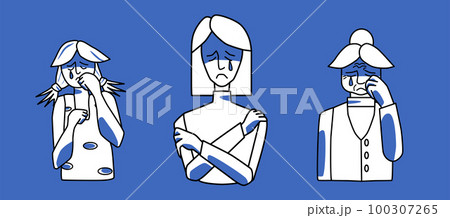 Sad female set. Young, adult and old women with sadness, emotion of melancholy, crying with tears. Blue and white color, line art drawing human characters. Sad female set. Young, adult and old women with sadness, emotion of melancholy, crying with tears. Blue and white color, line art drawing human characters. 100307265