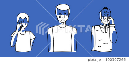 Sad male set. Young, adult and old men with sadness, emotion of melancholy, crying with tears. Blue and white color, line art drawing. Sad male set. Young, adult and old men with sadness, emotion of melancholy, crying with tears. Blue and white color, line art drawing. 100307266