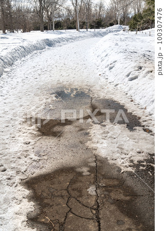 雪道　雪融け　雪融け道　雪解け道　雪解け アスファルト　水たまり 100307476