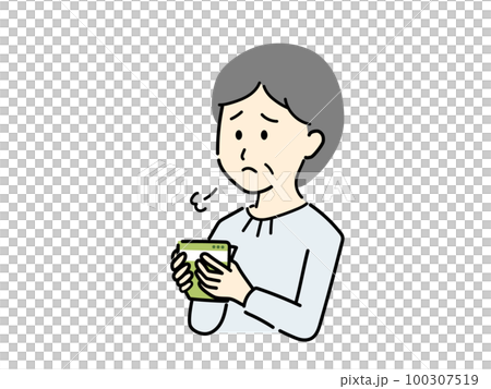 通帳の金額を確認してため息をするシニア女性 通帳の金額を確認してため息をするシニア女性 100307519