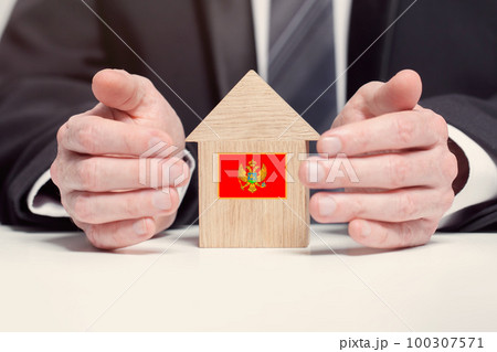 Businessman hand holding wooden home model with Montenegro union flag.  100307571
