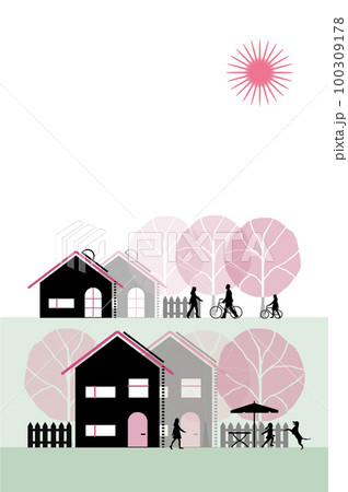 桜満開のエコ住宅の街並み(ピンク+緑・縦向き) 桜満開のエコ住宅の街並み(ピンク+緑・縦向き) 100309178