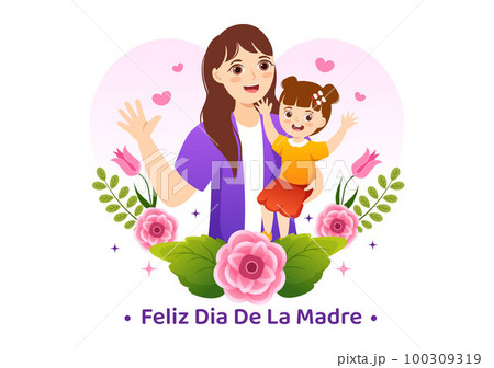 Feliz Dia De La Madre Illustration with Celebrating Happy Mother Day and Cute Kids in Flat Cartoon Hand Drawn for Web Banner or Landing Page Templates 100309319