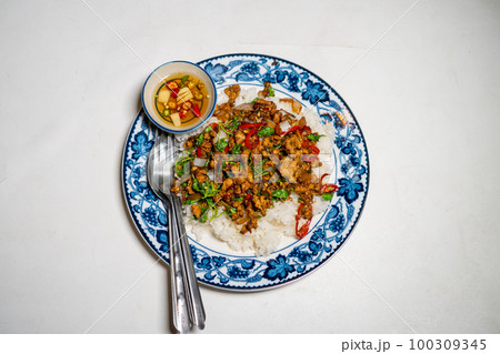 stir-fried basil with pork and fried egg stir-fried basil with pork and fried egg 100309345